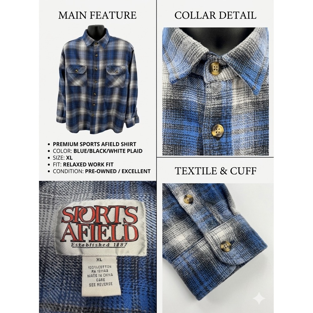 Sports‎ Afield Men's Flannel Shirt XL  Blue Plaid 100% Cotton Long Sleeve